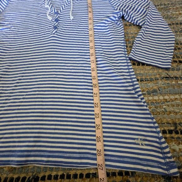 Calvin Klein M Blue White Striped Henley Hoodie Sweatshirt Shirt Tunic 3/4 Sleev - Picture 3 of 6